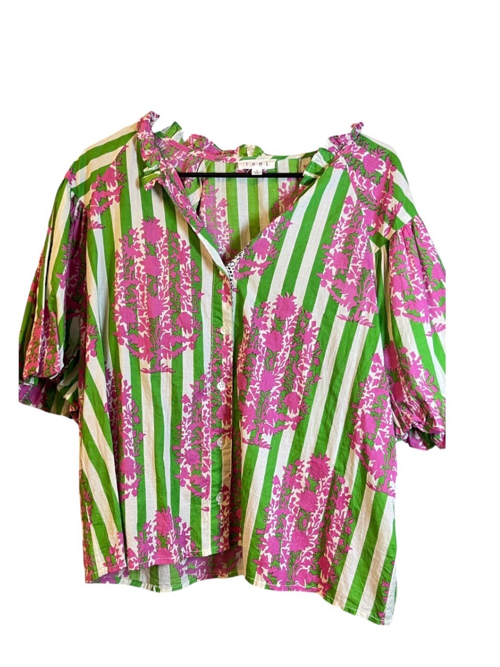 THML Pink Floral Green Stripe Puff Sleeve Blouse - Picture 2 of 3